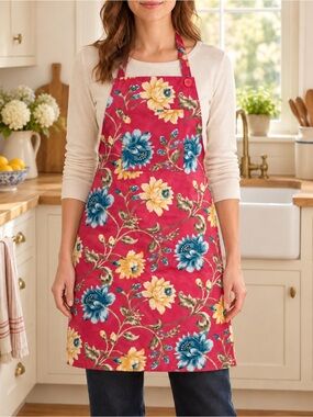 April Cornell Red Rosehip Apron Cranberry Floral Cotton Adjustable Neck Pocket